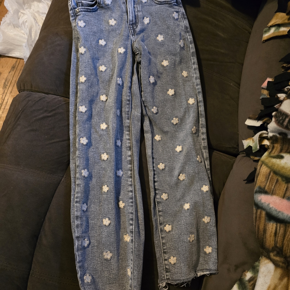 Kids Floral Embroidered Blue Jeans
